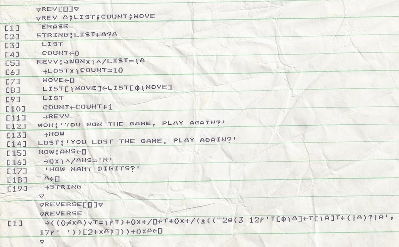 Slightly crumpled dot matix printout showing a documented and readable APL program and an equivalent program using a string of APL gibberish
